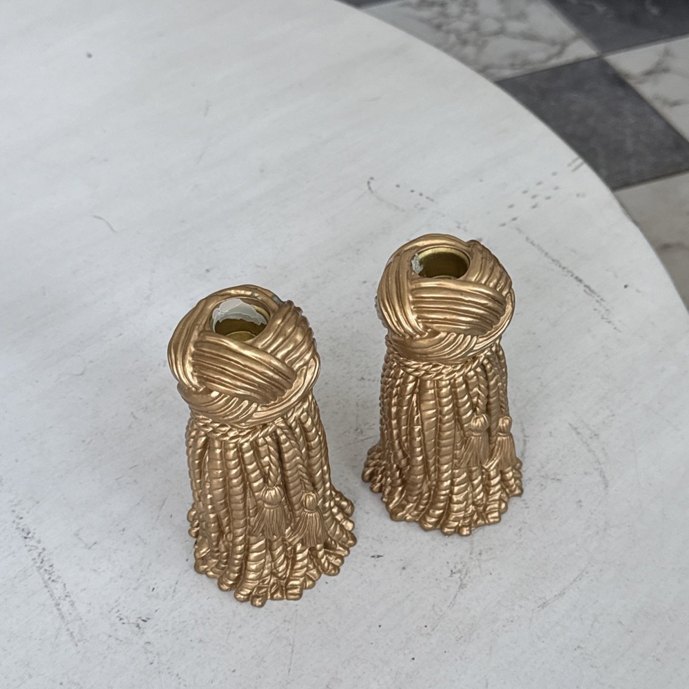 Vintage Hollywood Regency Resin Tassel Candle Holder Set Mid Century Draper Gold